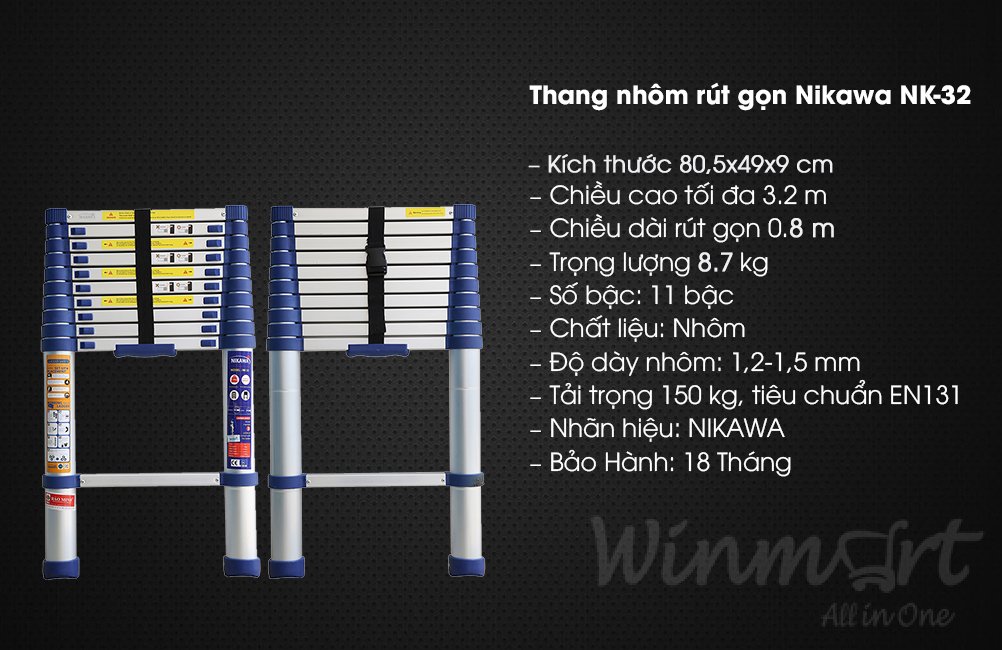 Thông số kỹ thuật thang nhôm rút đơn Nikawa NK-32