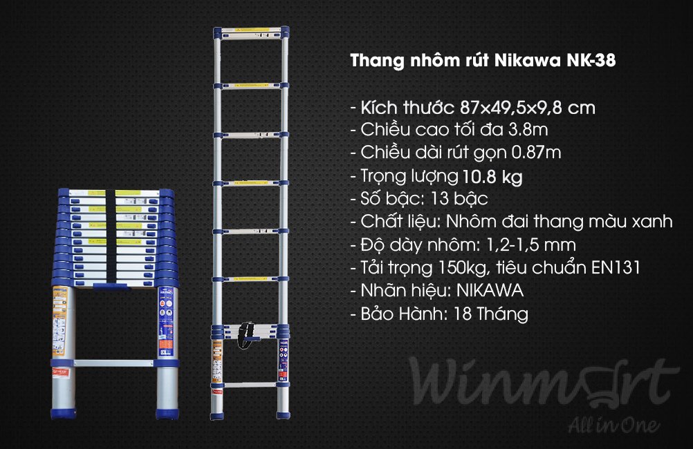 Thông số kỹ thuật Thang nhôm rút đơn Nikawa NK-38