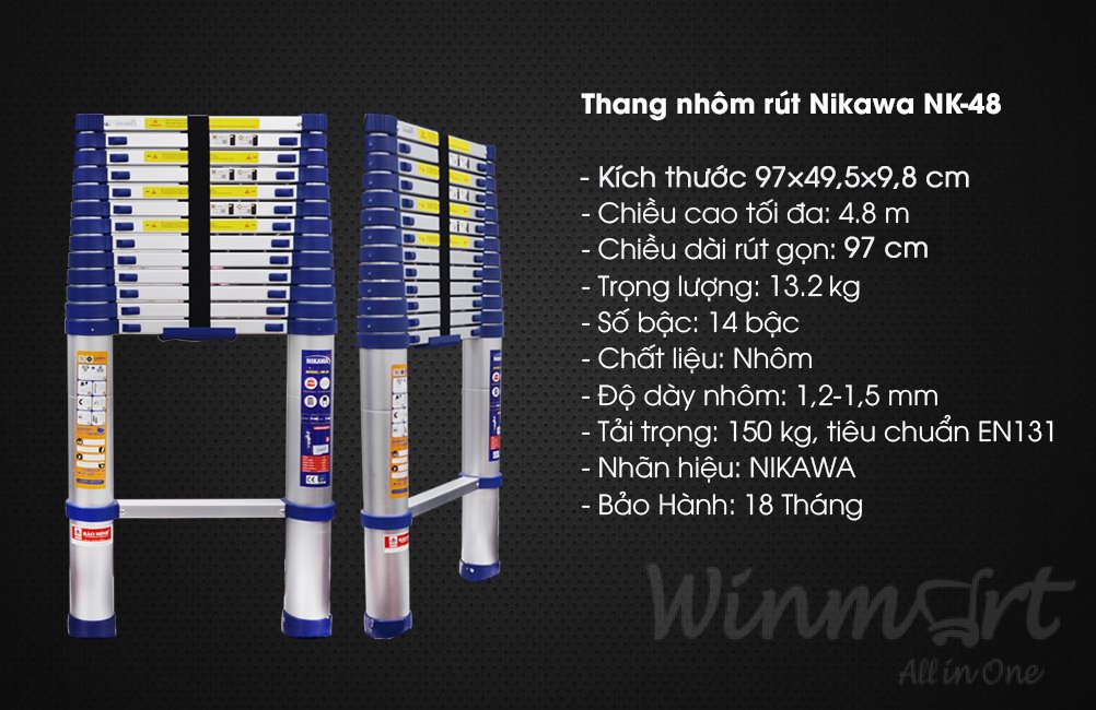 Thang nhôm rút đơn Nikawa NK-48 khoảng cách giữa các bậc hợp lý, vừa chân