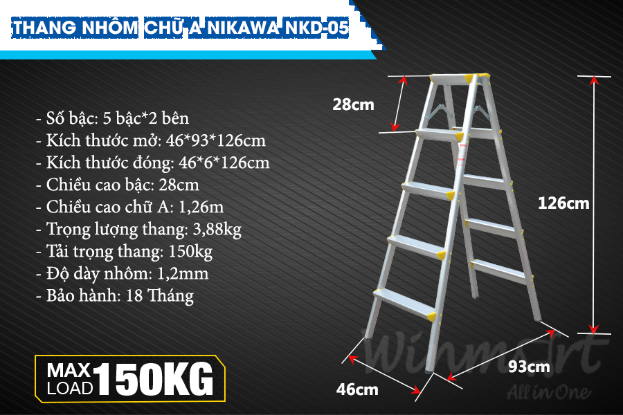 Thang nhôm chữ A NKD-05 được sản xuất theo công nghệ Nhât Bản