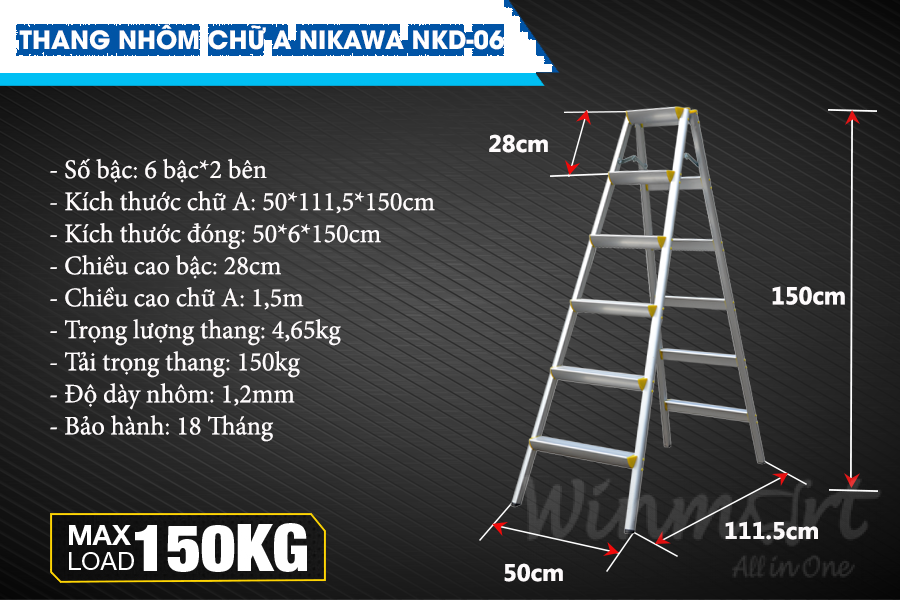 thông số kỹ thuậtThang nhôm chữ A NKD-06