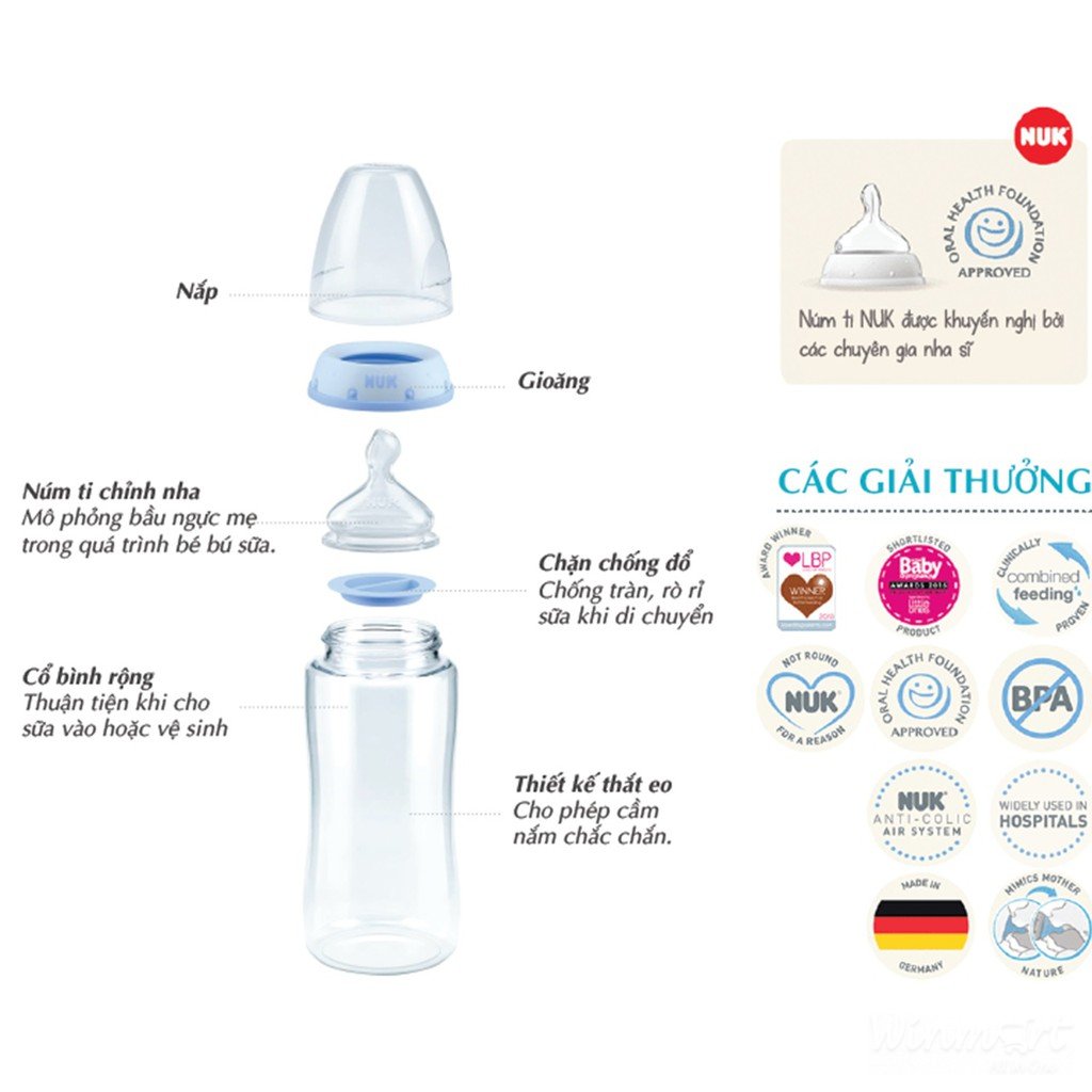 Bình sữa NUK PA 300ml núm ti Silicone S1 -M thiết kế thông minh