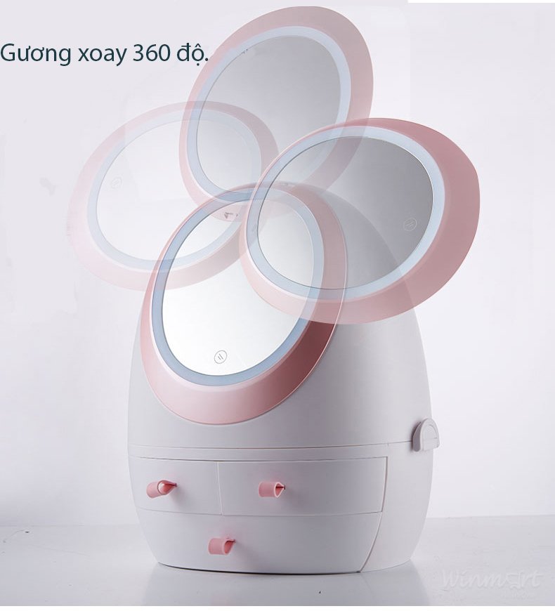 Hộp đựng mỹ phẩm có gương & đèn led xoay 360 độ